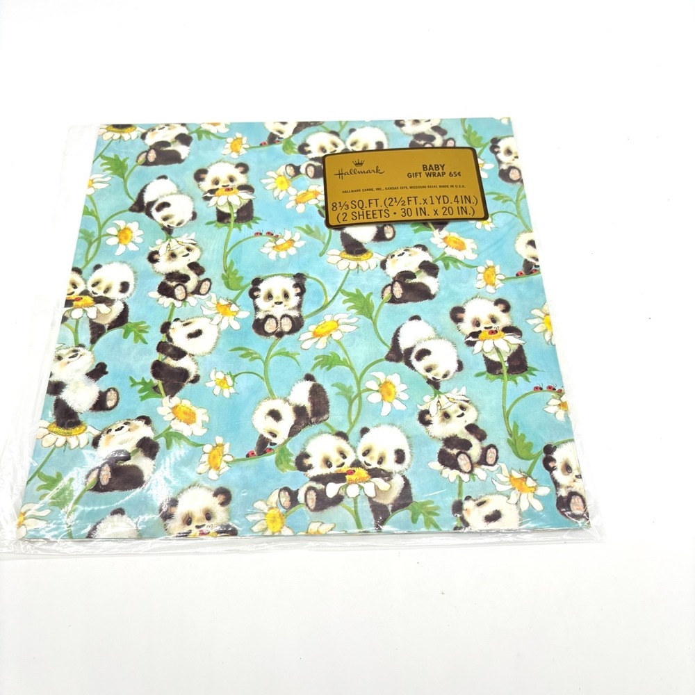 VTG Hallmark Mid‎ Century Flowers Playful Panda Gift Wrap Paper Full Sheet